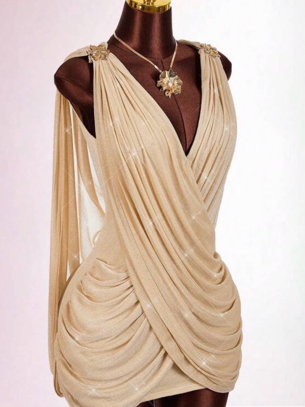 Elegant Draped Sleeveless Dress in Champagne